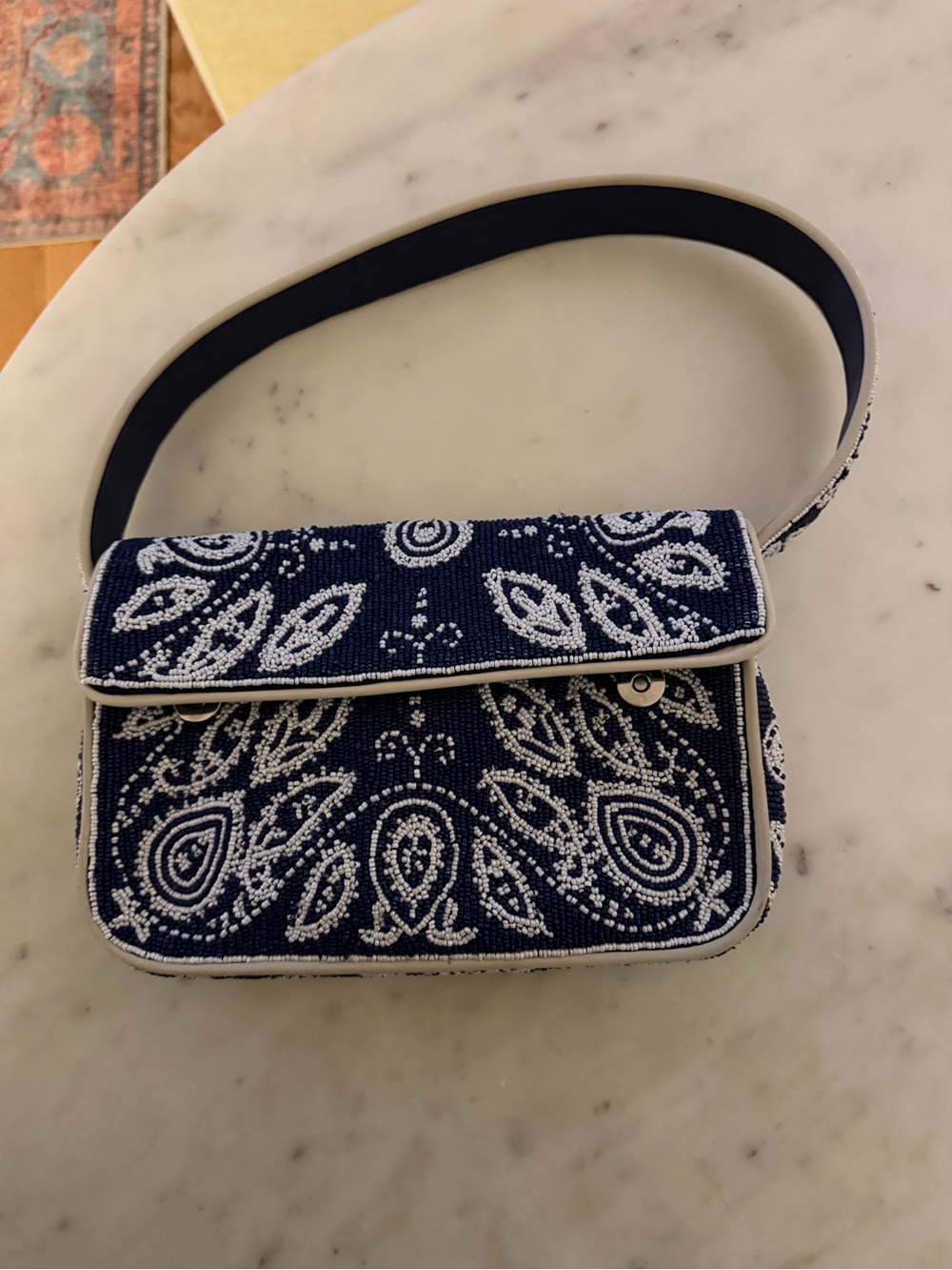 STAUD Navy and White Beaded Shoulder Bag